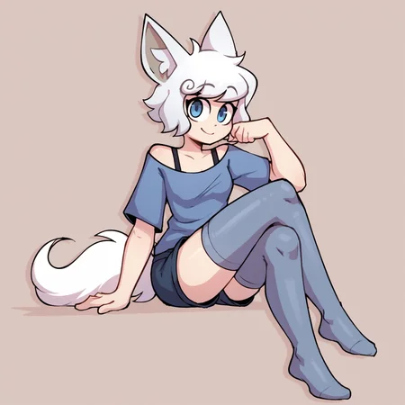 score_9, score_8_up <lora:Yuki-PONY:1> yuki, female, solo, sitting, shirt, bra strap, shorts, thighhighs, looking at viewer, cute, simple background, legs crossed