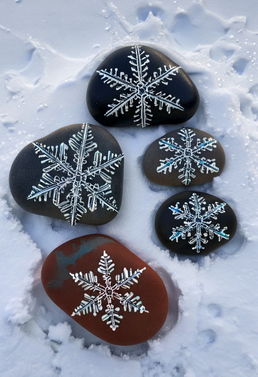 Happy stones. snowflake. several painted pebbles, painted with a snowflake. The stones are lying in the snow