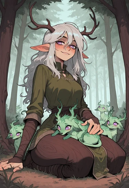 score_9, score_8_up, score_7_up, masterpiece, best quality, very aesthetic, 1woman, incoth, (incase:0.6), detailed face, (dynamic:1), purple eyes, white pupils, silver hair, long hair, messy hair, dark dryad, tree woman, bark skin, bark, on knees, formal seiza, dark forest, purple glyphs, levitating hair, pointy ears, bark covered limbs, bark covered arms, bark covered legs, sfw, patting forest animals, many forest animals, subtle smile, subtle blush, freckles, <lora:Rapscallion_Illustrious:0.35> Rapscallionstyle, <lora:incoth:0.25> incoth, (incase:0.6), <lora:r17329_illu:0.35> r17329_illu, <lora:ck-shadow-circuit-IL:0.4> in the style of cksc, <lora:perspective:0.65> perspective, sfw, patting forest animals, many forest animals, subtle smile, subtle blush, freckles, elven clothes, forest spirit attire, antlers, (forest spirit on lap:1.2), fondling forest spirit