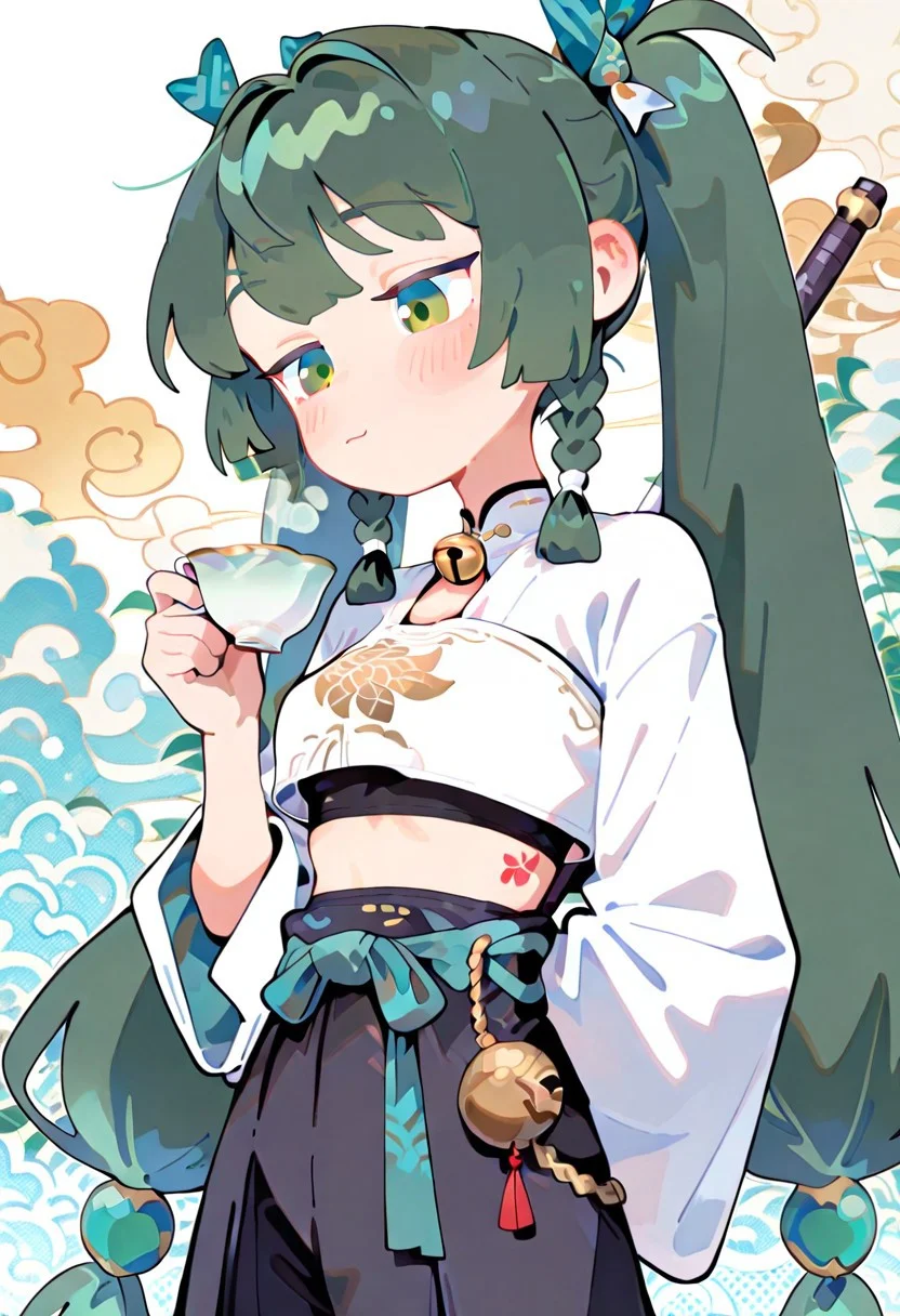 score_9,score_8_up,score_7_up,score_6_up, depth of field,highres,masterpiece,best quality,,photorealistic,fine fabric emphasis,cinematic lighting,volumetric lighting,pretty face,
hanfu,qingyi \(zenless zone zero\), 1girl, solo, green hair, twintails, crop top, very long hair, twin braids, hair ornament, long hair, green eyes,s0wasow4rt_illu, abstract, halftone, fl4t,blush
Stand-collar Ao,Mamianqun,Gold-woven,Trimmed Edges,Fourfold Ruyi Cloud Pattern,
jade pendant waist chain,phoenix hairpin,silken texture rendering,
Handheld Ceramic Teacup,Carrying a Chinese sword behind her back,With a wine gourd around her waist,Bell Collar,