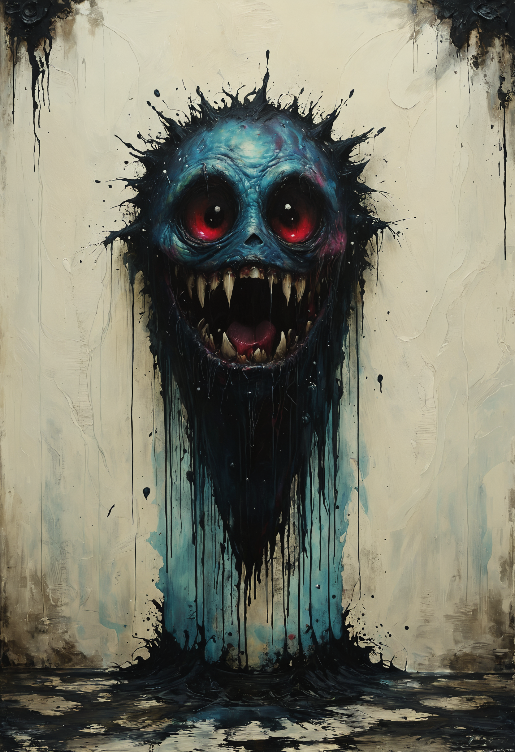 Monstrous entity emerging from dark corner, Overcast Light, <lora:Melting_world:0.8>, <lora:gorgoeus_splash_of_vibrant_paint:0.7> Gorgeous splash of vibrant paint