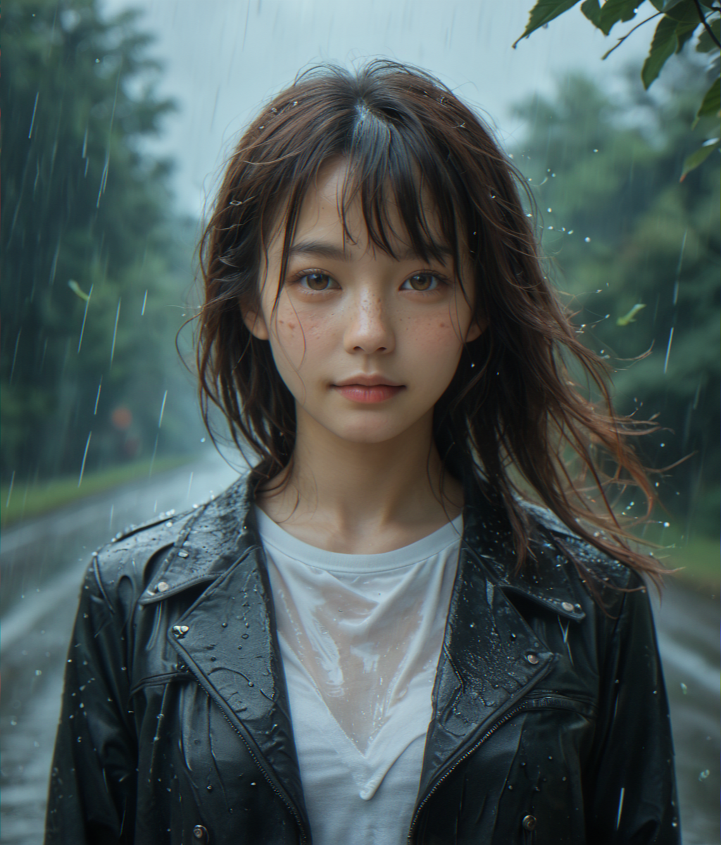 (score_9,score_8_up,score_7_up),
photorealistic, photography, depth of field, immersive lighting, cinematic,
Japanese, asian, monolid, looking at viewer, open black jacket, white shirt,
raining, heavy rain, storm, leaves, heavy mist, wind, windy hair,