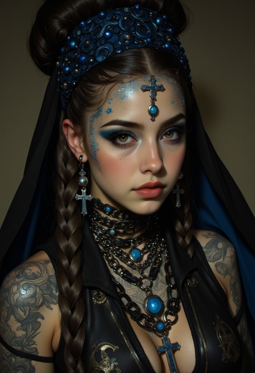 (vintagegirls:1.2) A high-resolution photograph capturing a striking close-up of a person with fair skin, clearly of Caucasian descent, adorned with intricate, gothic-inspired or tribal-style makeup and accessories. The makeup, featuring a glittery metallic texture in hues of blue, silver, and gold, extends seamlessly from the face down to the neck, creating a radiant, otherworldly effect. Chains and beads intricately decorate the face, neck, and head, enhancing the opulent and ornate aesthetic. The eyes, framed by dark, smoky eyeshadow and long, dramatic lashes, radiate an intense and captivating gaze. Long, dark braids cascade over the shoulders, meticulously styled and adorned with glitter and beads that sparkle under the light. The blurred background ensures full focus on the subject, with dramatic lighting from the left casting striking shadows that highlight the depth and texture of the makeup and accessories. This composition seamlessly blends traditional cultural motifs with contemporary artistry, evoking a mysterious, ethereal mood that is visually compelling and narratively rich.