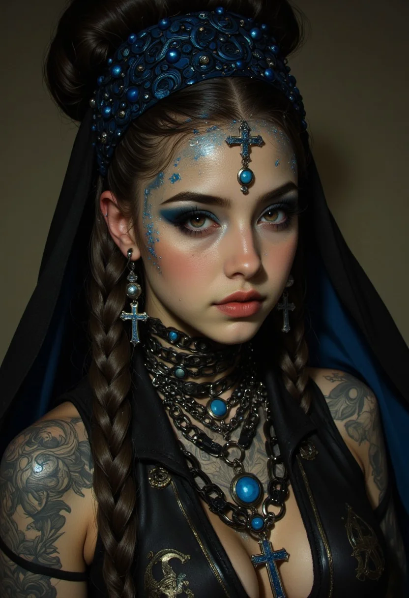 (vintagegirls:1.2) A high-resolution photograph capturing a striking close-up of a person with fair skin, clearly of Caucasian descent, adorned with intricate, gothic-inspired or tribal-style makeup and accessories. The makeup, featuring a glittery metallic texture in hues of blue, silver, and gold, extends seamlessly from the face down to the neck, creating a radiant, otherworldly effect. Chains and beads intricately decorate the face, neck, and head, enhancing the opulent and ornate aesthetic. The eyes, framed by dark, smoky eyeshadow and long, dramatic lashes, radiate an intense and captivating gaze. Long, dark braids cascade over the shoulders, meticulously styled and adorned with glitter and beads that sparkle under the light. The blurred background ensures full focus on the subject, with dramatic lighting from the left casting striking shadows that highlight the depth and texture of the makeup and accessories. This composition seamlessly blends traditional cultural motifs with contemporary artistry, evoking a mysterious, ethereal mood that is visually compelling and narratively rich.