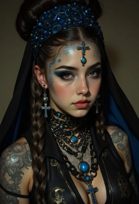 (vintagegirls:1.2) A high-resolution photograph capturing a striking close-up of a person with fair skin, clearly of Caucasian descent, adorned with intricate, gothic-inspired or tribal-style makeup and accessories. The makeup, featuring a glittery metallic texture in hues of blue, silver, and gold, extends seamlessly from the face down to the neck, creating a radiant, otherworldly effect. Chains and beads intricately decorate the face, neck, and head, enhancing the opulent and ornate aesthetic. The eyes, framed by dark, smoky eyeshadow and long, dramatic lashes, radiate an intense and captivating gaze. Long, dark braids cascade over the shoulders, meticulously styled and adorned with glitter and beads that sparkle under the light. The blurred background ensures full focus on the subject, with dramatic lighting from the left casting striking shadows that highlight the depth and texture of the makeup and accessories. This composition seamlessly blends traditional cultural motifs with contemporary artistry, evoking a mysterious, ethereal mood that is visually compelling and narratively rich.
