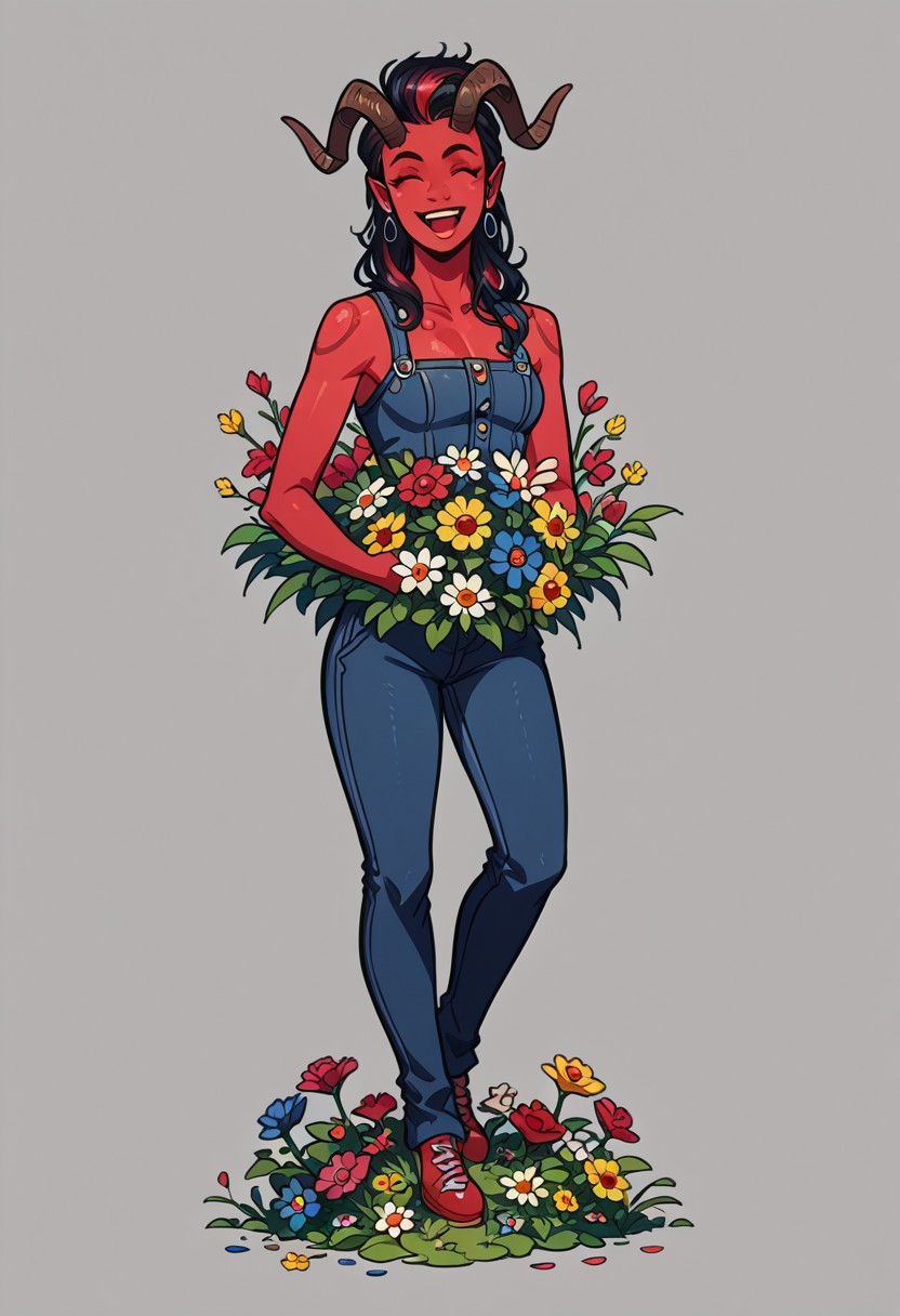 score_9, score_8_up, score_7_up,
flat color, no lineart, simple background,
high contrast, whimsical, detailed, high-definition, intricate details, 
solo, 1girl, full body, 
BGKarlach, demon horns, black hair, red skin,
flowers, colourful, happy, joy, multicolored
