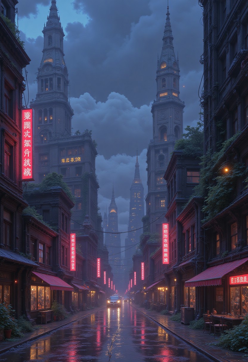 Nixst3rAes, hyper-realistic image, a surreal cityscape blending futuristic architecture with ancient ruins, neon lights reflecting off rain-soaked streets, hazy twilight sky with swirling clouds, vibrant colors contrasting with muted shadows, detailed textures, intricate mechanical elements, evocative and immersive ambiance.