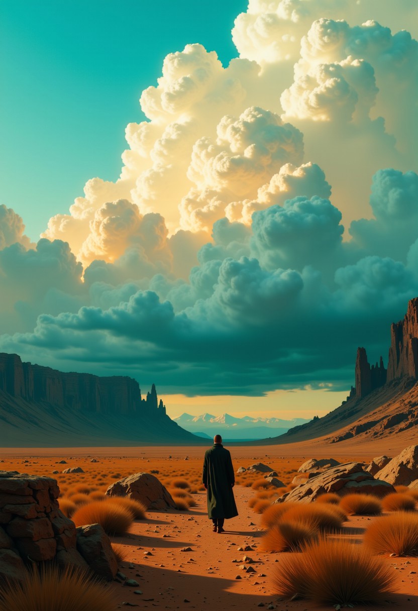 artilands02, a desolate color drenched Desert Landscape, only glimpses of RGB digital distortions are visible behind a detailed billowing wall of Clouds, atmospheric lighting, atmospheric haze