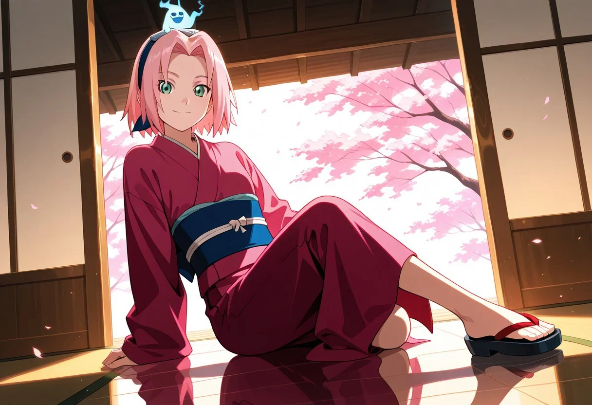 Score_9_up, score_8_up, score_7_up, source_anime, Expressiveh, perfect eyes, 1girl, solo, haruno sakura, pink hair, short hair, green eyes, slim body,Small breasts,
best quality, dynamic pose, dynamic angle, heart, looking at viewer,
pink kimono with red flowers, light reflecting on skin, japanese garden, sunny, godrays, intense lighting, detailed background, playful pose, spirit familair, spirit on head, cheerful, happy, looking at viewer, sitting,Dynamic pink lighting,nightpink particles,reflective floor,
score_9, score_8_up, score_7_up, score_6_up, score_5_up, score_4_up, masterpiece, 4K, quad HD, best quality, high quality, highres, stunning details, highly detailed, ultra detailed, extreme detail, perfect composition, very aesthetic, sharp focus, crisp details, vivid colors, soft lighting, cinematic lighting, dynamic lighting, volumetric lighting, sharp contrast, smooth shading, intricate details, cinematic color grading, clear details, harmonious composition, vibrant colors, ambient lighting, anime-style illustration, vibrant and expressive, ultra-detailed, high-resolution, smooth shading, cel shading, vivid anime colors, best quality, intricate details, elegant pose, cinematic lighting, dynamic composition, anime fantasy background, soft glow, dreamy atmosphere, stunning character design, expressive eyes, 4K HD, anime artstation trending,, ansrd