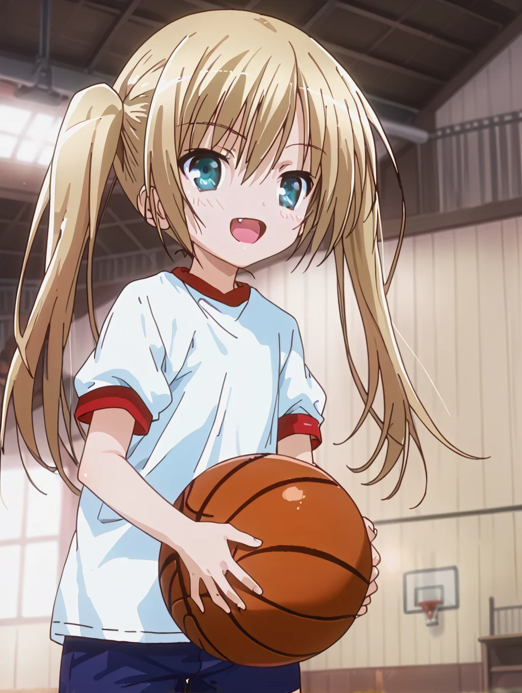 (zPDXL3), score_9, score_8_up, score_7_up, source_anime,
1girl,
<lora:ro-kyu-bu_pony_v1-000012:1>, misawa maho, gym uniform, blush, smile, open mouth, fang, long hair, twintails, basketball, holding ball, portrait,