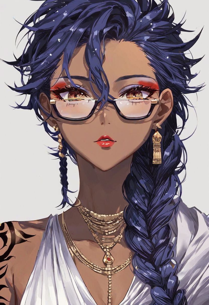 score_9_up, score_8_up, score_7_up, very detailed, 
1girl, dark skin, dark blue hair, braided hair, sci fi glasses, transparent glasses, thick framed glasses, tattooed face, sovietpunk, sovietpunk clothing, communist themed long gown, decorated boy suit, royalty, regal clothes, flowing cape, wearing tunic over bodysuit, well dressed, night time, starry skies, solo focus on female, close up shot, from torso up, portrait style, anime style, detailed face, best detail, (best quality:1.5), masterpiece, (high resolution:1.5) 
ng_deepnegative_v1_75t, OverallDetail, , Expressiveh