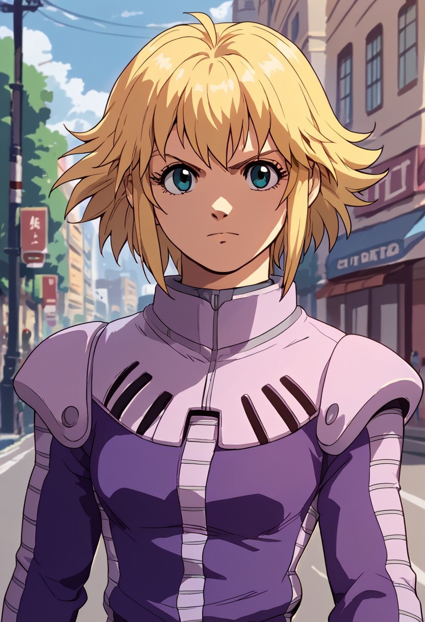 score_9, score_8_up, score_7_up,source_anime,lilia flaubert,blonde hair,pilotsuit,upper body,street view, city view