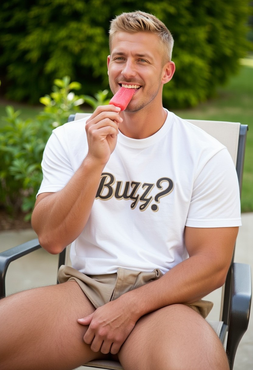 Portraits of a 29-year-old man. 
In left photo, he Is seated outdoors on a patio chair.  He's engrossed in sucking on a red popsicle, mouth open in a delighted expression. He is looking at the camera. Popsicle partially inserted in his mouth, he is holding it by the stick.  He has a medium skin tone. His face is oval-shaped with a strong jawline and smooth features. His short blonde hair is styled with a side part, appearing wavy on top. Tan physique, showcasing well-defined muscles. He wears a white t-shirt with a design featuring a stylized treatment with the word "Buzz?" in a script font, and a khaki short with a short inseam, revealing his upper thighs and hairy legs. 
The background outdoor setting features green foliage and a lawn. The lighting is natural daylight, casting soft shadows and highlights across the man's face and body. The composition is centered around the man. The background is softly focused, drawing attention to the subject.  The mood is casual and pleasant. The image is shot with an everyday casual style and lighting. hamanv1