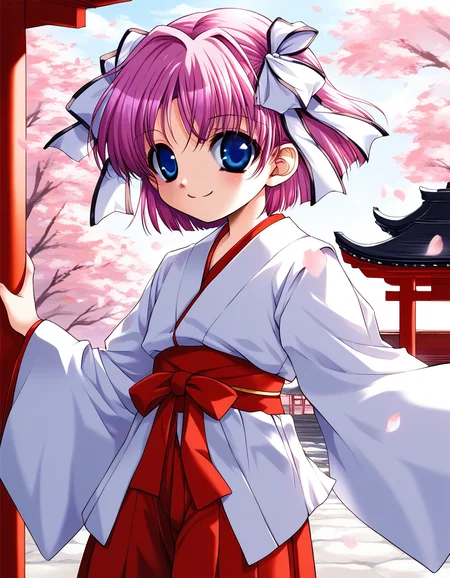 score_9, score_8_up, score_7_up, source_anime, rating_explicit, BREAK  <lora:Kago_Noa_Ver2.0_XL:0.8> KagoNoa, pink hair, purple hair, blue eyes, hair ribbon, white ribbon, short hair,  short stack,
japanese white clothes, miko, red hakama, shrine, cherry blossom,
smile,
looking at viewer, 
cowboy_Shot,