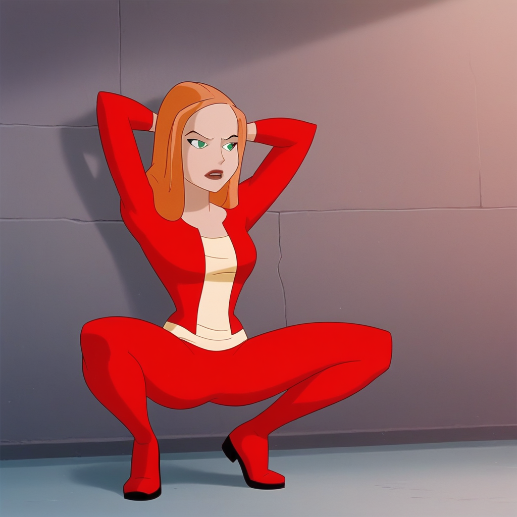 score_8_up, BREAK, jackiewallace, 1girl, solo, orange hair, long hair, green eyes,  lipstick, red jacket, long sleeves, shirt, red pants, red footwear, full body, squatting, spread legs, arms behind head,  <lora:JackieWallace_PXL_Leaf1:1>,
