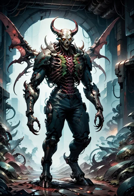 score_9, score_8_up, score_7_up, score_6_up, score_5_up, cyborg, cyberpunk, biomechanical, fleshmutant, cybermutant, anthro, full body, standing, digitigrade, Demon, devil, cow horns, hooves, leathery skin, science fiction, mechanical parts, spine, mechanical, robot joints, cybernetic wings