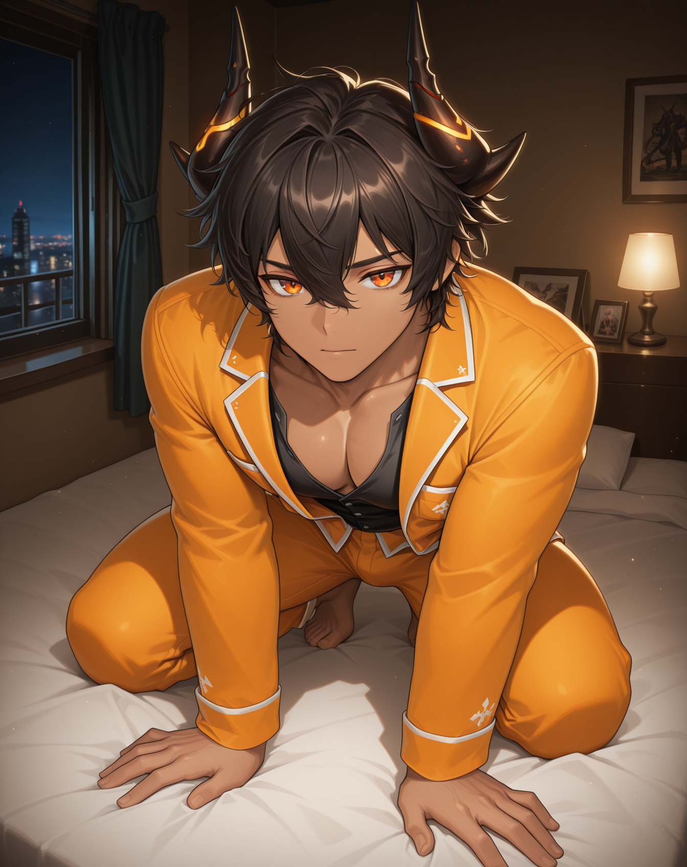 masterpiece,best quality,amazing quality, newest, very aesthetic, absurdres,
1boy, solo, yaoi, male focus, looking at viewer, full body, face focus, lying, on bed,
<lora:Sol_Bellium_Platoon:1> solbp, dragon horns, hair between eyes, dark-skinned male, dark skin, black hair,short hair, orange eyes,
pajamas, open clothes,
indoors, night, dark room, bedroom,