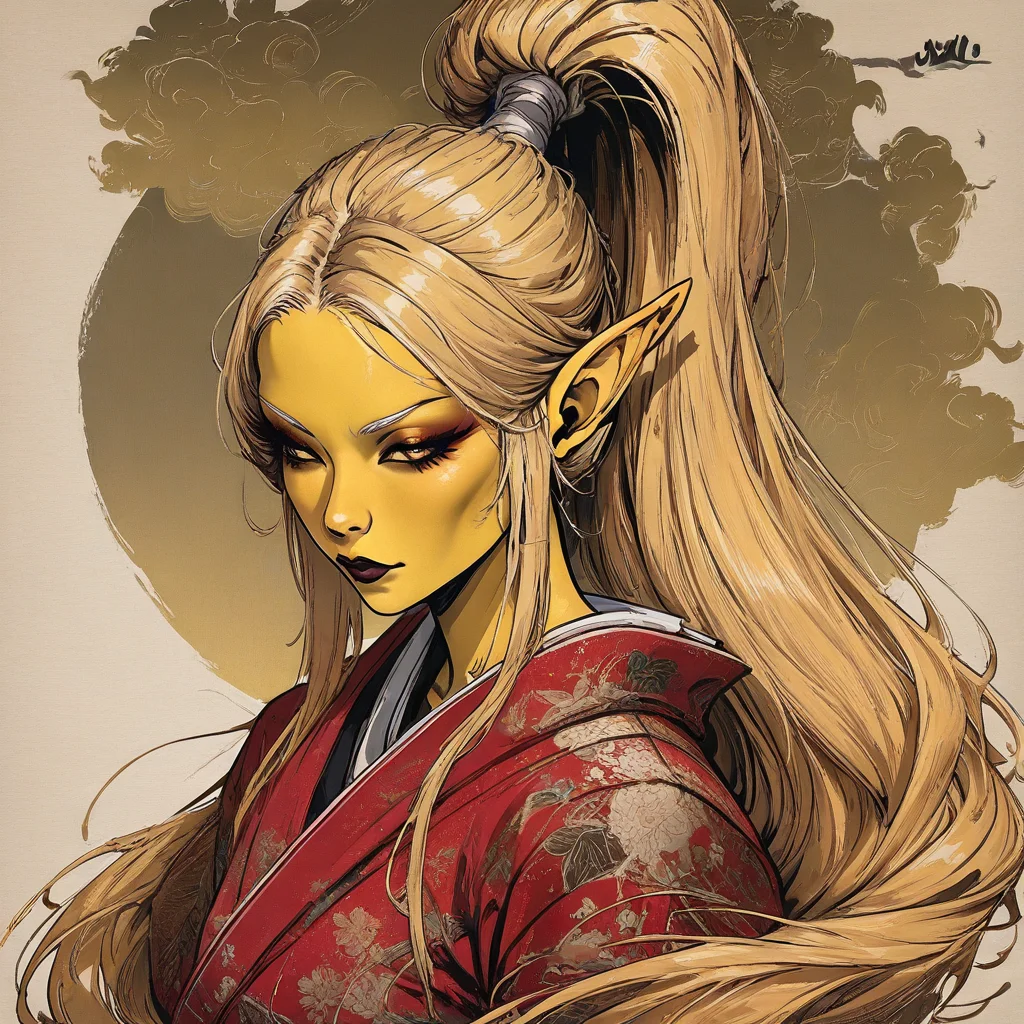 masterpiece, best quality, newest, absurdres, highres, INCV1.0, 1girl, asian, asian female, elf, elf girl, pointy ears, long hair, yellow skin, blonde hair, golden colored skin, kimono, red kimono, ponytail long ponytail, high taied ponytail, makeup, mascara,