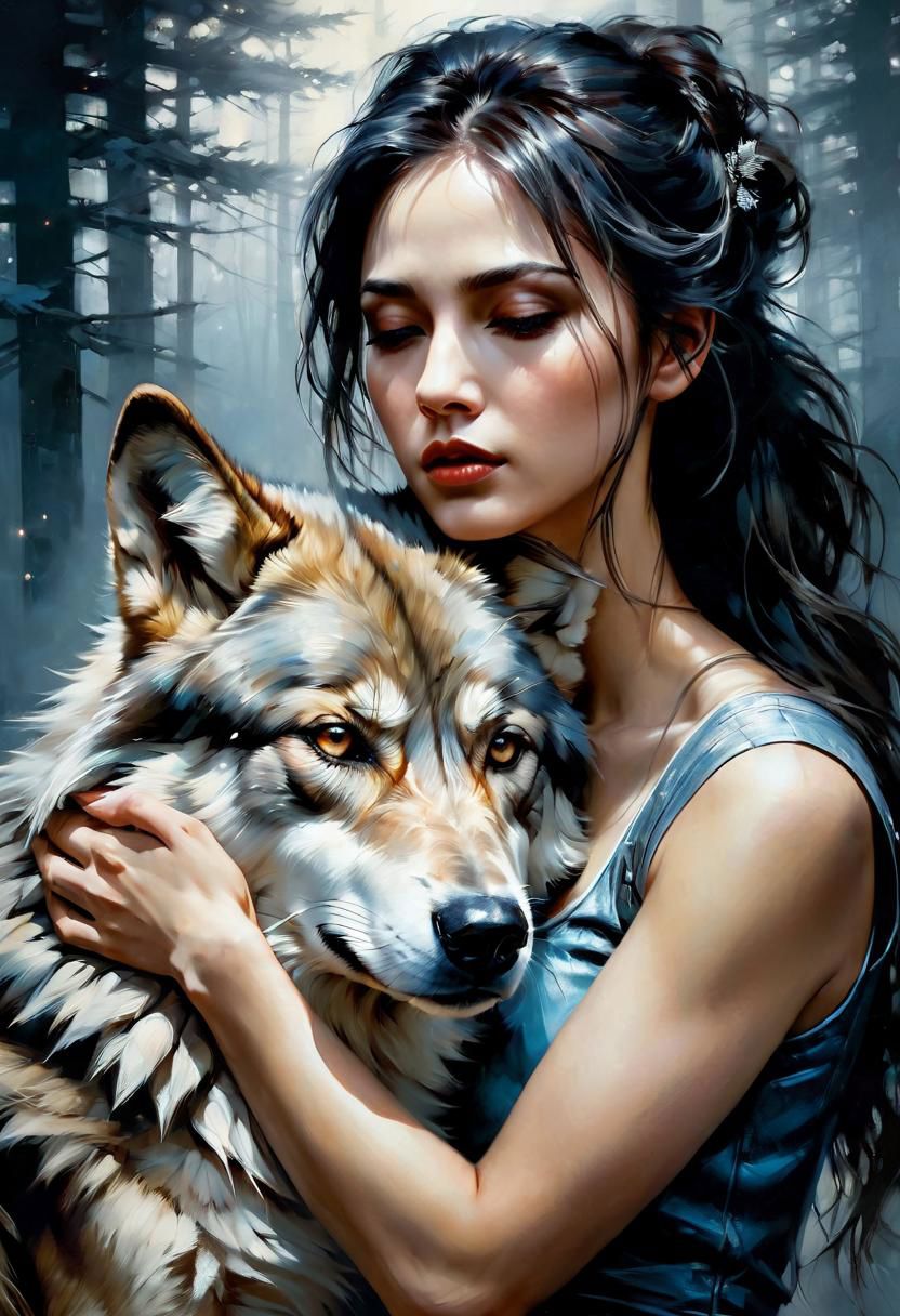 Deeply emotional Beautiful woman embracing her dog wolf companion. Dark background. Emotional. Dynamic angle.  Open eyes. Detailed fur.   By Jeremy Mann, by Stephen Grammell,  futurism, modern sci-fi painting]  by Aykut Aydodu, highly detailed, extremely detailed, delicate detail, crisp quality, ultra realistic, hyperrealistic, dark art by james jean, takato yamamoto,, unreal engine, greg rutkowski, loish, rhads, beeple, makoto shinkai and lois van baarle, ilya kuvshinov, rossdraws, tom bagshaw, alphonse mucha, global illumination, detailed and intricate environment