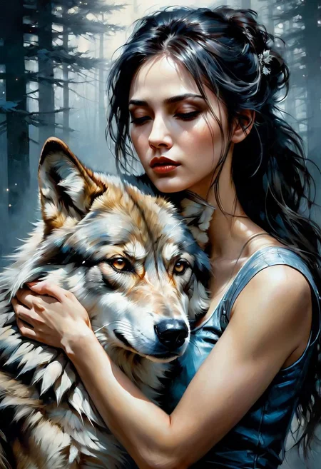 Deeply emotional Beautiful woman embracing her dog wolf companion. Dark background. Emotional. Dynamic angle.  Open eyes. Detailed fur.   By Jeremy Mann, by Stephen Grammell,  futurism, modern sci-fi painting]  by Aykut Aydodu, highly detailed, extremely detailed, delicate detail, crisp quality, ultra realistic, hyperrealistic, dark art by james jean, takato yamamoto,, unreal engine, greg rutkowski, loish, rhads, beeple, makoto shinkai and lois van baarle, ilya kuvshinov, rossdraws, tom bagshaw, alphonse mucha, global illumination, detailed and intricate environment