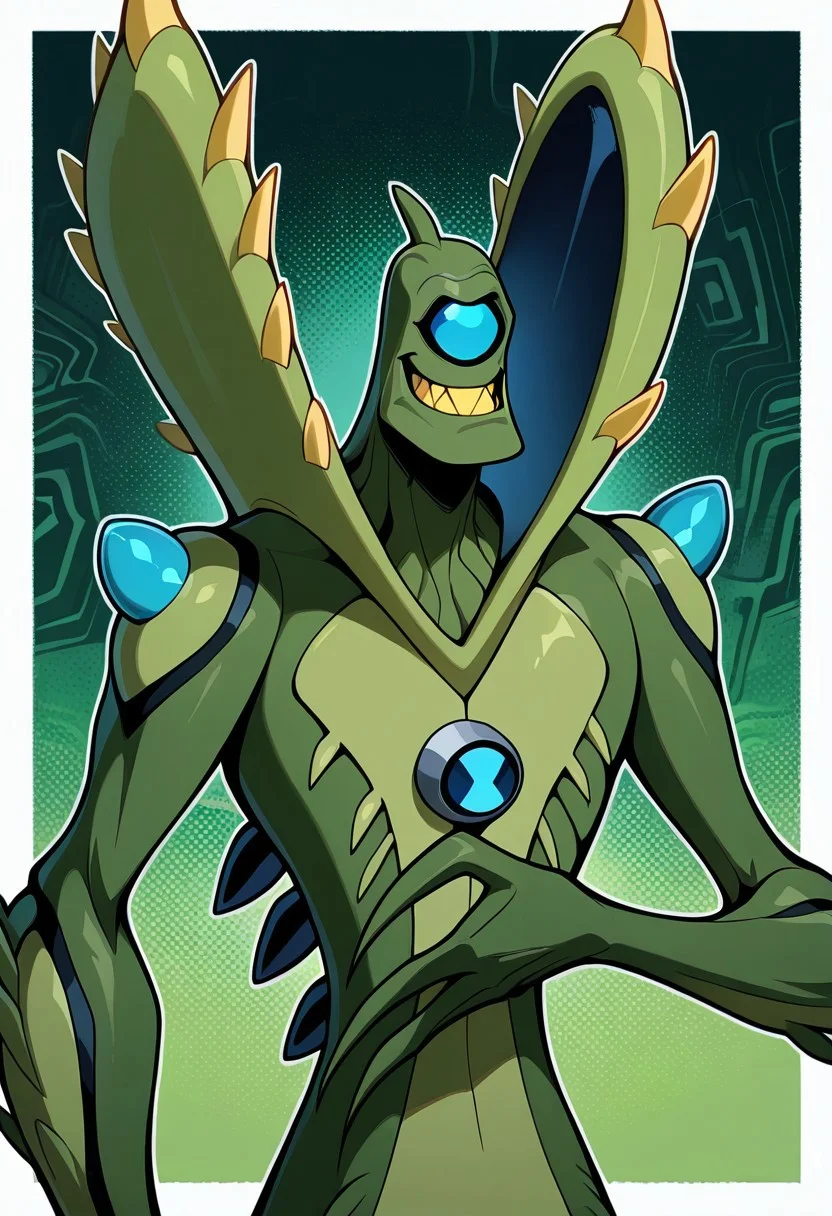<lora:wildvine-09:1> wildvine, solo, green skin, alien, monster, one eye, blue eye, green skin, , spikes, claws, green background, green tentacles, yellow teeth, big smile,, ((upper body, halftone effect, white borders, abstract background:1.2,)), masterpiece, best quality, amazing quality, very aesthetic, absurdres, newest,