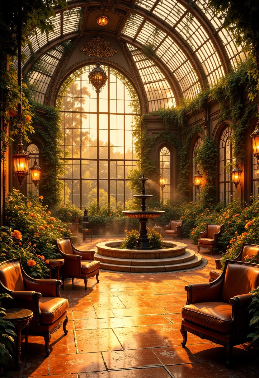The Golden Twilight Observatory (Warm & Enchanting)
As the sun sets, this opulent greenhouse ballroom is bathed in golden light, filtering through ornate brass-and-glass arches. Antique amber-tinted lamps hang from the ceiling, casting a warm, inviting glow over overgrown marigolds, sunflowers, and cascading vines. The floor gleams with polished gold filigree, reflecting light from a grand bronze fountain, gently churning with steam. Soft caramel leather armchairs and bronze-rimmed tables create an ambiance of romantic warmth and timeless wonder, carrying the scent of honey, aged parchment, and citrus blossoms.