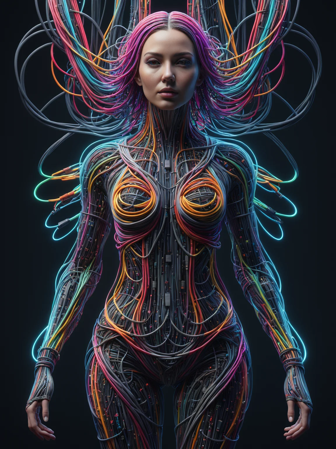 woman made of mad-cables floating cyberspace, neon lights, fullbody, floating symbols, <lora:Cables_SDXL:0.8>, (masterpiece:1.2), best quality, (hyperdetailed, highest detailed:1.2), high resolution textures