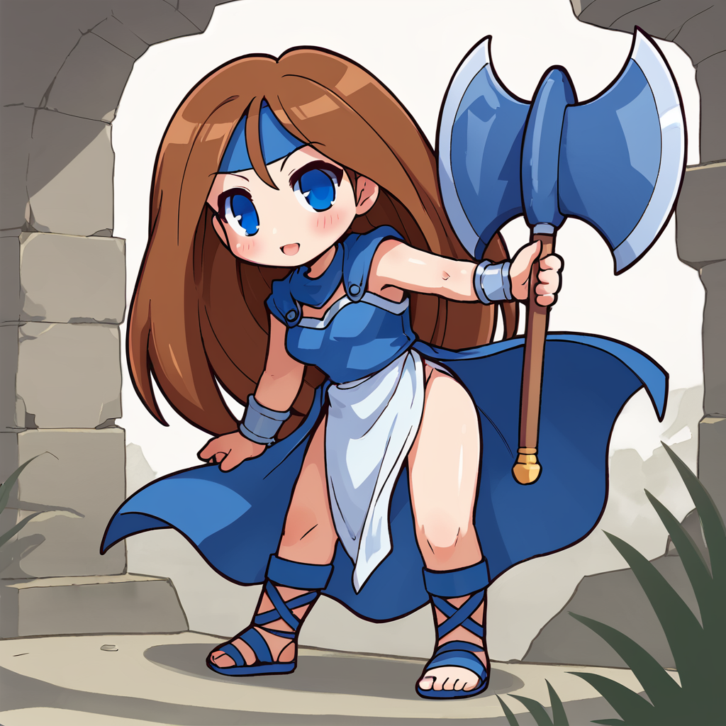 score_9, score_8_up, score_7_up, BREAK source_anime, best quality, masterpiece, 1girl, solo,<lora:monstermaker_pony:0.8>diane, brown hair, very long hair, blue eyes, blue headband, blue armor, white dress, pelvic curtain , blue cloak, no sleeves, (chibi), in ruins,holding axe,axe, standing,