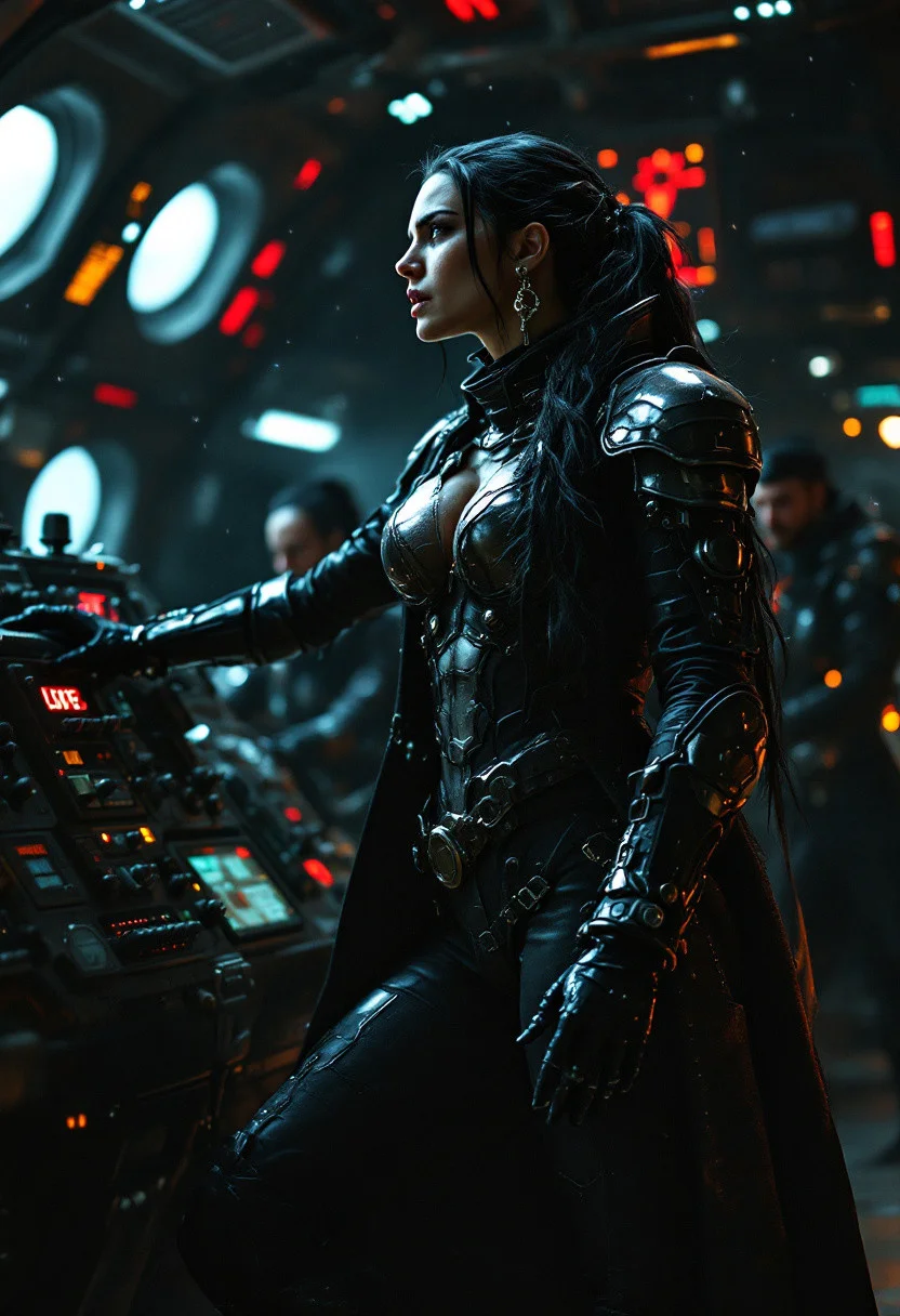 highly detailed, realistic, crisp image, clear image, sharp image, sharp focus, cinematic lighting, dark, chiaroscuro, low-key, dramatic lighting, ultra photo-realistic, 35mm photography, wide shot,
Subject is a female space pirate queen of oughly 40 years old, she mans the helm of his ancient space freighter that has been converted into a gunship. Her fellow space pirates appear in the background doing various tasks. She wears a skintight spacesuit with flexible form fitting armor plates, a futuristic long jacket with epaulettes that calls back to the 18th century, her long black hair is fastened in a low ponytail that drapes over her shoulder, and she wears an aviation cap and high heel boots. She has one leg stepped up onto the control panel as she angrily shouts orders to her crew. The scene is a mix of dark scifi aesthetic with a hint of 18th century pirate high adventure, dimly lit, dark space, stars, windows, more details, epic