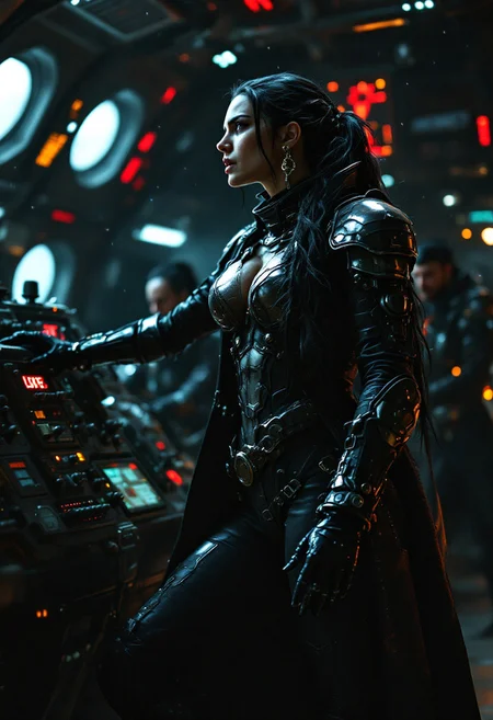 highly detailed, realistic, crisp image, clear image, sharp image, sharp focus, cinematic lighting, dark, chiaroscuro, low-key, dramatic lighting, ultra photo-realistic, 35mm photography, wide shot,
Subject is a female space pirate queen of oughly 40 years old, she mans the helm of his ancient space freighter that has been converted into a gunship.  Her fellow space pirates appear in the background doing various tasks.  She wears a skintight spacesuit with flexible form fitting armor plates, a futuristic long jacket with epaulettes that calls back to the 18th century, her long black hair is fastened in a low ponytail that drapes over her shoulder, and she wears an aviation cap and high heel boots.  She has one leg stepped up onto the control panel as she angrily shouts orders to her crew.  The scene is a mix of dark scifi aesthetic with a hint of 18th century pirate high adventure, dimly lit, dark space, stars, windows, more details, epic