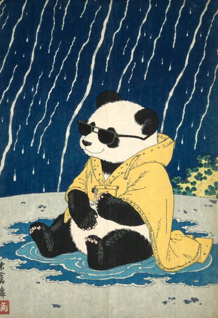 Ukiyo-e style by Katsushika Hokusai of Under heavy rain, a cute panda wearing sunglasses and a bright yellow raincoat sits in a puddle during a rainstorm. The panda is detailed, and the rain and water droplets are depicted. the yellow raincoat contrasting well with the black and white panda and the gray-white puddle. The rain is shown with varied sizes of streaks and splashes, adding a sense of movement and atmosphere to the scene. The panda looks attentive and playful. Focus on the details of the fur, rain, and puddle. Detailed paws, face, and reflection of the panda in the puddle. The background is a dark blue with white lines of rain, emphasizing the panda and the rain.<lora:CustomFlux/Katsushika_Hokusai.safetensors:1.0:1.0>
