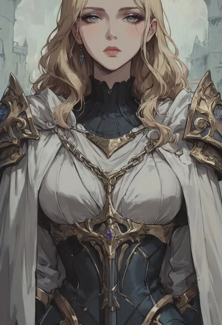 (score_9, score_8_up:1.1), score_7_up, 1 blonde haired woman ( long wavy blonde hair, grey eyes, tired eyes, pale white skin, human, pale skin, seductive look, wearing black steel paladin armor, white surcoat, black gold ornamented armor, detailed armor, white cloak, white gold cloak,), close up, half body, holding a sword, white castle background, (3-frame sketch)