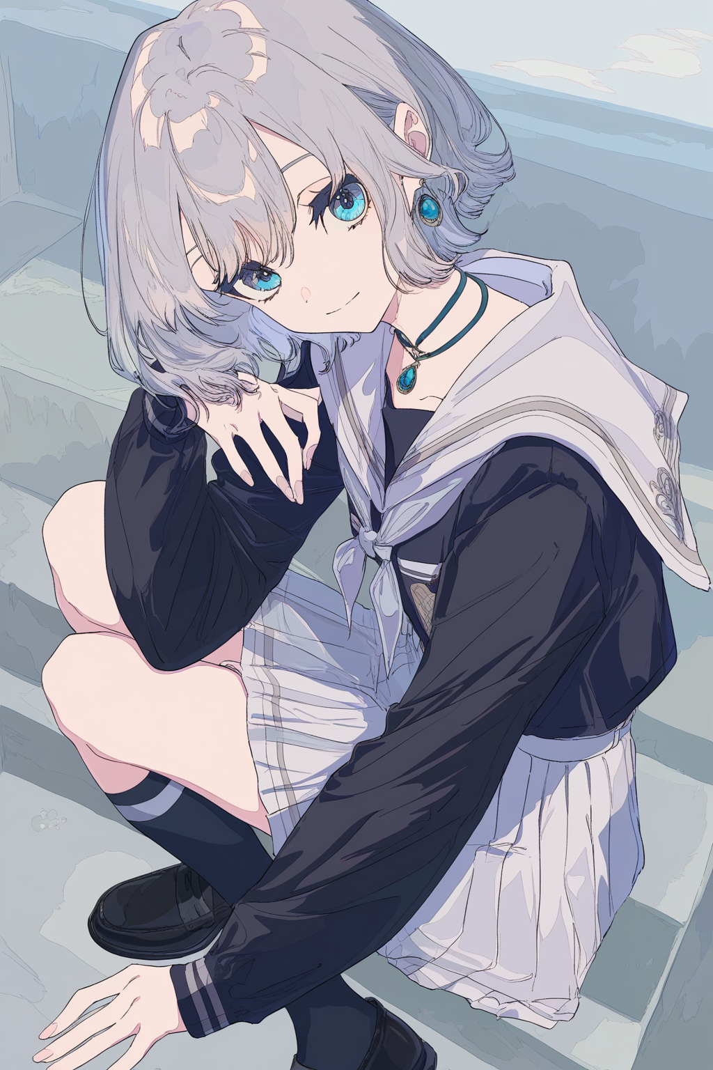 1girl,lulu,,
[cogecha],
close-up,grey hair,black shirt,blue eyes,short hair,choker,socks,white skirt,pleated skirt,white sailor collar,neckerchief,black footwear,
year_2023,foreshortening,highres,high definition,absurdres,amazing quality,best quality,masterpiece,very aesthetic,masterpiece,looking at viewer,stairs,light smile,sitting,school,sitting on stairs,finger_on_trigger,<lora:lulu_noob-000012:1>