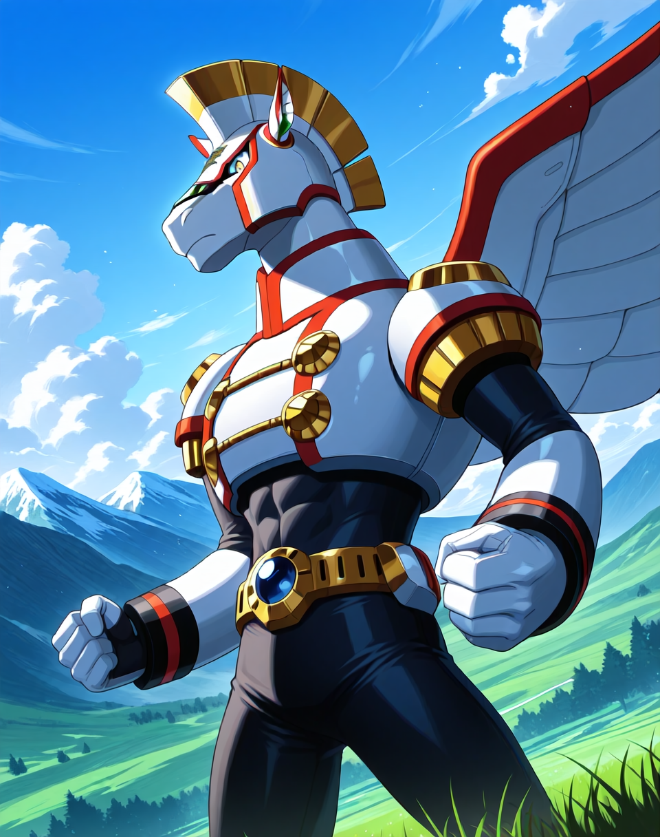 <lora:Spiral_Pegasus_(Mega_Man_X)_(Illustrious)_(AD):1.35> Spiral Pegasus, reploid, MMX, 
exterior, blue sky with clouds, mountain valley, grassy valley,
dutch angle, dynamic action, cowboy shot, 
male focus, intense shadows, dynamic shadows, intricate details, attention to details, gradient coloring, robot, bright vivid colors, deep metallic colors, glossy metal body, wings, pelvic focus, abs, 
BREAK very awa, masterpiece, best quality, amazing quality, very aesthetic, highres, absurdres,
EZRealPONYXL, zPDXL, Smooth Quality, lazynsfw,