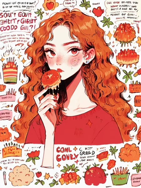 score_9, score_8_up, score_7_up, score_6_up, <lora:sk3tchb00kXLP:0.9> sk3tchb00k, 1girl, english text, long hair, ginger hair, food