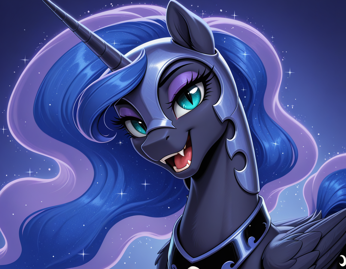 resolution, masterpiece, high resolution, (SOLO: 1.2) ,  wild, detailed background, costs
 <lora:Princess_Luna:1>Princess Luna friendship is magic, mammal, equid, solo, mythological equine, horn, equine, mythological creature, wings, winged unicorn, female, feral, fangs, helmet, armor, teeth, headgear, eyeshadow, makeup, simple background, blue eyes, looking at viewer, blue hair, hair, eyelashes, purple eyeshadow, pupils, slit pupils, feathers, blue background, black body, feathered wings, digital media (artwork), ethereal hair, smile, blue body, pseudo hair, sparkles, open mouth, black feathers, signature, blue mane, portrait, blue eyeshadow, folded wings, pseudo mane, bust portrait