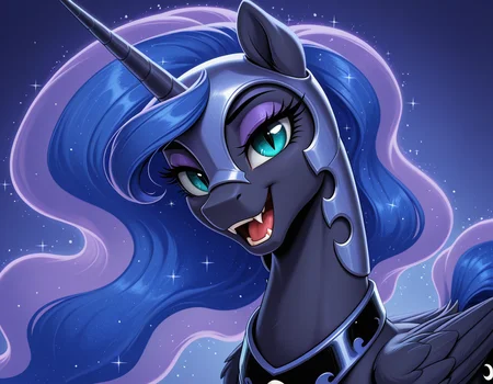 resolution, masterpiece, high resolution, (SOLO: 1.2) , wild, detailed background, costs
<lora:Princess_Luna:1>Princess Luna friendship is magic, mammal, equid, solo, mythological equine, horn, equine, mythological creature, wings, winged unicorn, female, feral, fangs, helmet, armor, teeth, headgear, eyeshadow, makeup, simple background, blue eyes, looking at viewer, blue hair, hair, eyelashes, purple eyeshadow, pupils, slit pupils, feathers, blue background, black body, feathered wings, digital media (artwork), ethereal hair, smile, blue body, pseudo hair, sparkles, open mouth, black feathers, signature, blue mane, portrait, blue eyeshadow, folded wings, pseudo mane, bust portrait