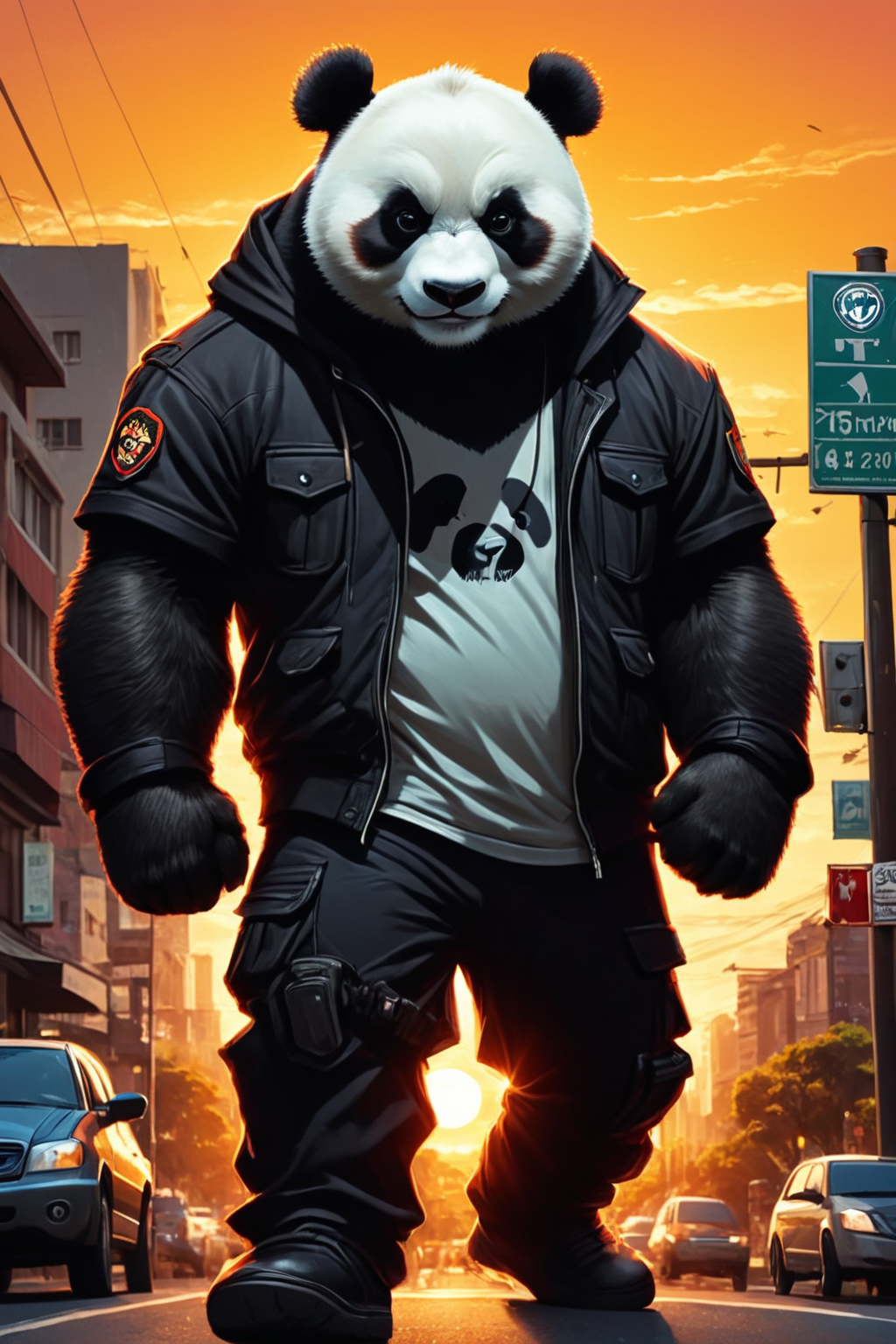 Detailed digital illustration of an anthro Panda (Silhouetted against the sunset, dramatic backdrop) at a Surveillance cameras on every street corner, <lora:xl_more_art-full_v1:0.5>,  <lora:anthro_muscular:0.7> , <lora:madpunk:0.4> madpunk