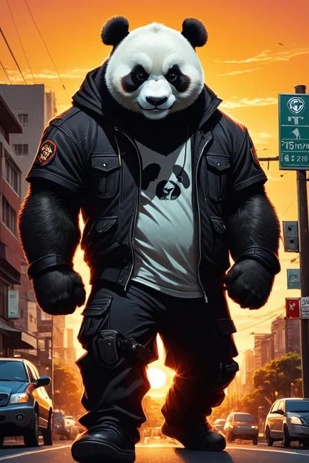 Detailed digital illustration of an anthro Panda (Silhouetted against the sunset, dramatic backdrop) at a Surveillance cameras on every street corner, <lora:xl_more_art-full_v1:0.5>,  <lora:anthro_muscular:0.7> , <lora:madpunk:0.4> madpunk