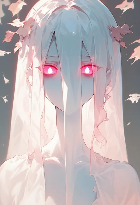 score_9,score_8_up,score_7_up, 1girl,

no face, faceless, blank face, 
 white skin,
 ghost face,
glowing pink eyes, white leaves, translucent leaves, 
leaf theme, leaf hair, 

