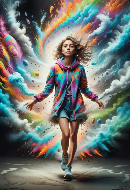 1girl, dissolving into a whirl of psychedelic color, rad-dissolve, cinematic shot, walking towards viewer, looking at viewer, relaxed, diffusion, smoke, bright colors, trippy, line art