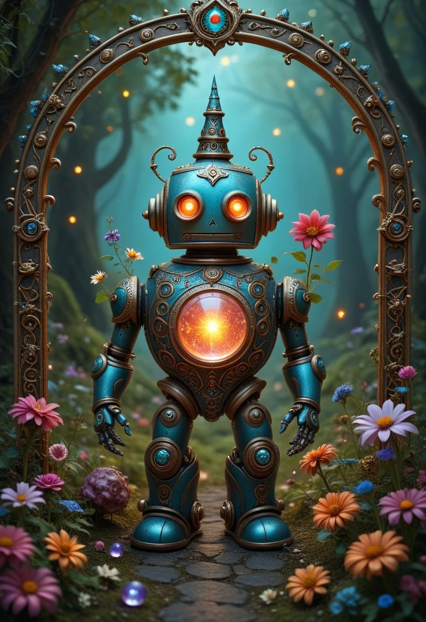 professional photography of an fantastical cute robot with whimsical elements, flowers and swirling magic, eerie fairytale landscape, elaborate fantasy style art, very colorful, intricate details, ultra sharp, exquisite detail, flawless composition, vivid colors, masterpiece, exciting background, witchcraft, magical symbols, flower ornate, magic, wicca, gems and crystals, elaborate