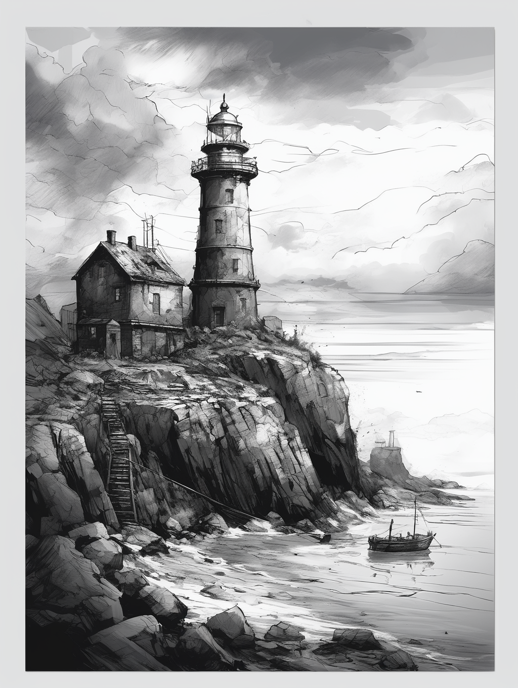 line art drawing, 
A lonely lighthouse,
dramatic clouds, gloomy, mysterious, hazy, dusty, mystical, mysterious, gloomy, hazy, dusty, dramatic light,
34K uhd, masterpiece, high detail, 8k, intricate, detailed, high resolution, high res, high quality, <lora:add-detail-xl:1.8>, highly detailed, Extremely high-resolution details, fine texture,