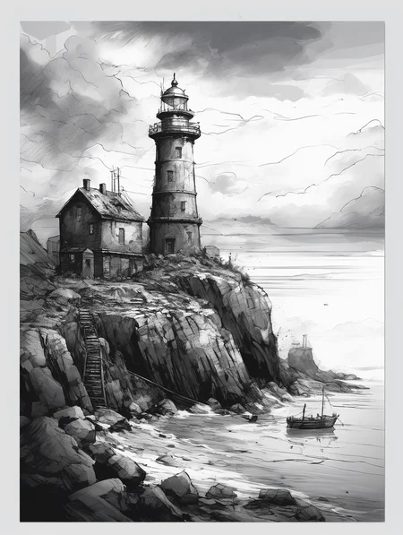 line art drawing, 
A lonely lighthouse,
dramatic clouds, gloomy, mysterious, hazy, dusty, mystical, mysterious, gloomy, hazy, dusty, dramatic light,
34K uhd, masterpiece, high detail, 8k, intricate, detailed, high resolution, high res, high quality, <lora:add-detail-xl:1.8>, highly detailed, Extremely high-resolution details, fine texture,