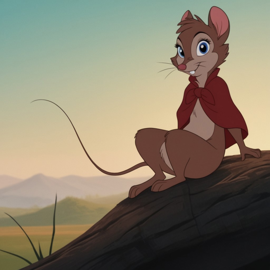 score_9, score_8_up, score_7_up, score_6_up, score_5_up, score_4_up, source_furry, brisbytson, semi-anthro, female, mouse, brown fur, blue eyes, whiskers, red cloak, sitting, outside, on a log, smile, in the woods, day time,