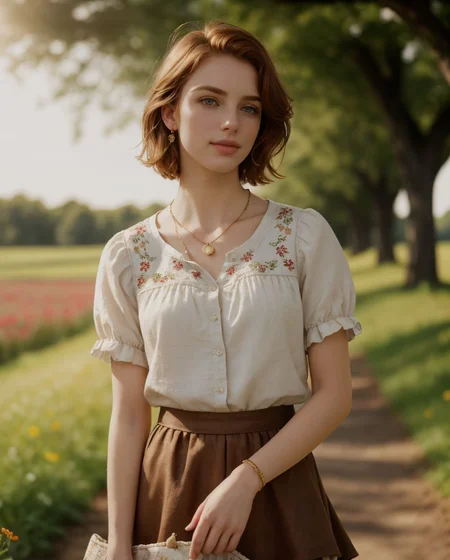 (style of Alessio Albi:1.4), Realist Portraiture, Soft Lighting, Emotional Depth, Simple Compositions, (Layered Depth, Soft focus foreground, Painted Scenery:1.1), alluring feminine physique, 24yo B34U71FU1_CA3LIA attractive irish redhead, wide cinematic establishing shot seductive young woman picnic under tree, (Layered Depth, Soft focus foreground, Painted Scenery:1.1), (bra, young adult irish redhead:1.15), short backlit hair, perfect face, thin upper lip, pouting lower lip, thin brows, small upturned nose, bow-shaped lips, large expressive almond shaped eyes, Raised Eyebrows, Focused Gaze, eager expression, quaint farm setting, (relaxed country woman), (tight unbuttoned shirt, thin material), subsurface scattering, classic cotton, soft pastel, intricate embroidery collar cuffs, rolled-up sleeves revealing sun-kissed forearms BREAK (blanket:1.15), rich textures, patchwork design, vibrant colors, detailed stitching, homely aesthetic (skirt), elegant rustic charm, subtle floral pattern, linen, sways breeze BREAK ((wildflower wreath)), crown delicate chain necklace, small, intricate pendant, heart-shaped with floral theme, glowing subtly in the soft light, ethereal quality, [lens flare glinting], (mischievous yet content expression), lush green fields in the background, (soft, sunlit ambiance), simple leather boots, carefree hair  <lora:kodak_ultramax_400:0.8> golden hour, soft golden light, pastel sky, relaxed posture, natural smile, earthy colors, candid moment, trees and flowers in background, leading lines, depth of field, slightly off-center framing, warm tones, cinematic look, natural setting, editorial style, soft textures, subtle lighting, peaceful mood