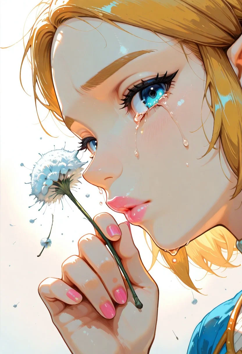 incredibly absurdres, highres, masterpiece, newest,best quality, very aesthetic, absurdres, newest, focused subject, oc-chan_(ketopon), 1girl, Princess Zelda, zelda1x, elf ears, blue eyes, solo, messy hair, solid blue eyes, detailed eyes, eyelashes, hand up, fingernails, pink nail polish, holding dandelion clock, covering mouth with dandelion, blowing dabdelion, dandelion seed, crying tears, close up, portrait, profile, looking at viewer, object focus,backlighting, gradient background, white theme, painterly, traditional media, gloom, opill, Ethereal Brushstroke, pink lipstick, thick lips,