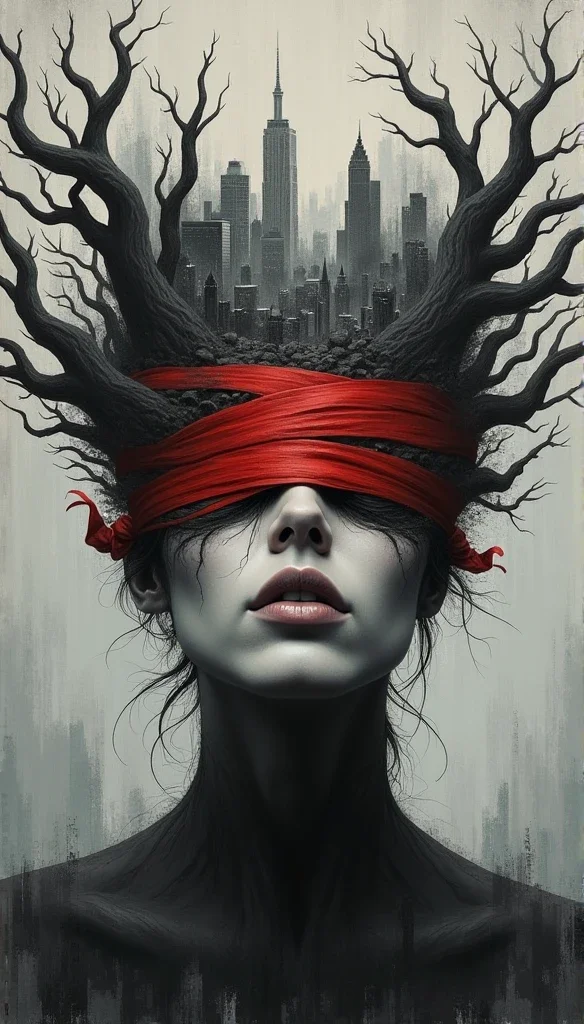 A grayscale surreal portrait, featuring a woman's melancholic face.  Intricate, gnarled, dark-gray branches and roots, like a desolate treetop, surround her head, and a cityscape is interwoven within those branches. Her eyes are covered by wide red ribbons, creating a sense of blindness or obscured vision.  The woman's expression is somber and introspective, reflecting a deep sense of isolation and perhaps, a connection to the ravaged urban landscape.  The colors are muted, predominantly grays and dark reds, creating a somber and muted atmosphere.  The texture of the painting is layered, with visible brushstrokes suggesting a labored, almost painterly technique.   The lighting is soft, highlighting the woman's features from a three-quarter perspective, emphasizing the emotional depth and the texture of visible cracks and fissures in the woman's skin. The background, a gray-toned ground, is a complex blend of muted tones and fragmented structures, further emphasizing the urban decay.  A somber, dreamlike style with elements of dark fantasy and surrealist art, evokes a sense of anguish and disconnection.
