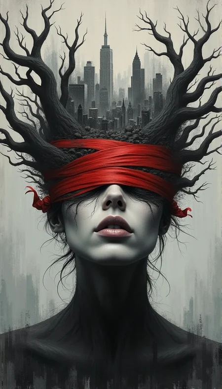A grayscale surreal portrait, featuring a woman's melancholic face.  Intricate, gnarled, dark-gray branches and roots, like a desolate treetop, surround her head, and a cityscape is interwoven within those branches. Her eyes are covered by wide red ribbons, creating a sense of blindness or obscured vision.  The woman's expression is somber and introspective, reflecting a deep sense of isolation and perhaps, a connection to the ravaged urban landscape.  The colors are muted, predominantly grays and dark reds, creating a somber and muted atmosphere.  The texture of the painting is layered, with visible brushstrokes suggesting a labored, almost painterly technique.   The lighting is soft, highlighting the woman's features from a three-quarter perspective, emphasizing the emotional depth and the texture of visible cracks and fissures in the woman's skin. The background, a gray-toned ground, is a complex blend of muted tones and fragmented structures, further emphasizing the urban decay.  A somber, dreamlike style with elements of dark fantasy and surrealist art, evokes a sense of anguish and disconnection.
