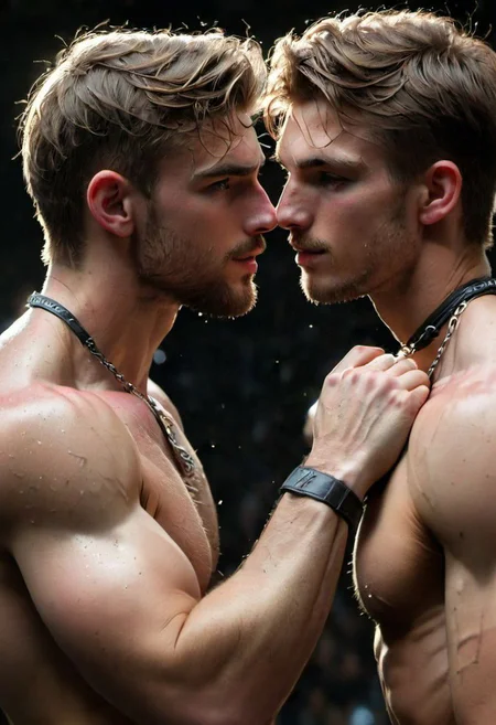 kyle ross, male focus, 2men, full bodies of two handsome 18yo blonde twinks hugging and kissing, close up of faces kissing, holding each other, hugging from behind, face focus, dynamic posture, dramatic angle, camera angle from below, shirtless, stubble, hands around chest, dog collar, neck collar, long chain necklace, shirtless, kinky,
skinny muscled, slender muscled, skinny, slender features, narrow shoulders, detailed armband tattoo, cute face, boyish face, perfect biceps, bicep veins, bulging veins, defined veins, great pecs, thin waist, angular face, strong and powerful, sporty, predatory look, feathered hair, tousled hair, messy hair, shoulder length hair, great detail, satisfaction, blue eyes, bubble butt, small ass, small butt, tight shorts,
(Masterpiece, high quality:1.3), masterpiece, depth of field, bokeh, detailed, homoerotic, (homoerotic), highly detailed, sharp focus, intricate, smooth, elegant, fantasy, cinematic lighting, cinematic, masterpiece, matte, photorealistic, 4k, beautiful, volumetric lighting, dramatic, photo-realistic, life-like, high detail, lighting, 8Knematic lighting, 8K, contrast lighting, contrasting lighting, cinematic lighting,